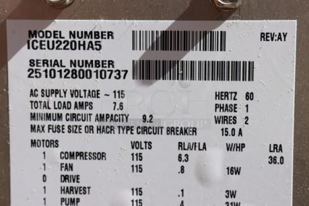 BRAND NEW Ice-O-Matic ICEU220HA undercounter ice machine, model ICEU220HA, S/N: 25101280010737. 115V, 238 lb. capacity.