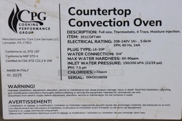 Cooking Performance Group COF-T4-M countertop convection oven label. Features: thermostatic, 4 trays, moisture injection, 5600W, 208-240V. S/N: 00M3016659. Made in Italy.