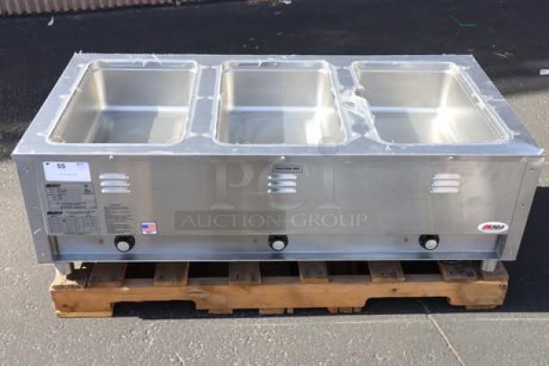BRAND NEW Eagle Group SPHT3 portable steam table, three-pan, sealed well, stainless steel, 120V, 18.8A, 2,250W, visible tags.