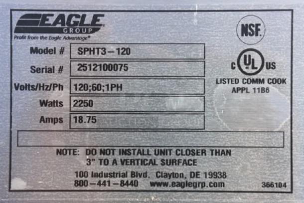 Industrial label for Eagle Group SPHT3 portable steam table, detailing model, serial number 2512100075, and electrical specifications.