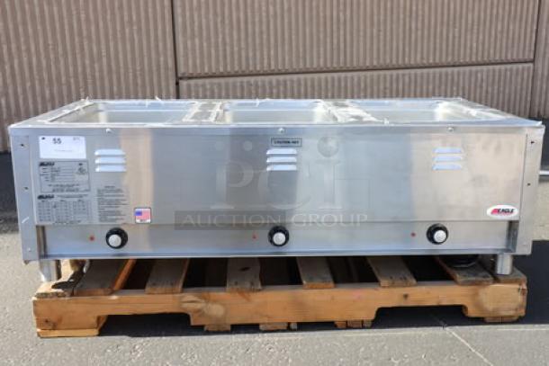 Brand new Eagle Group SPHT3 portable steam table, three-pan, sealed well, 120V, 2250W, visible labels and controls.