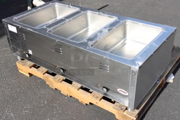 Brand new Eagle Group SPHT3 portable steam table, three-pan, sealed well, 120V, 18.8A, 1 phase, 2,250W, visible serial number: 2512100075.
