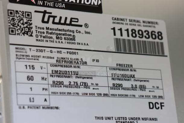True T-23DT-G-HC~FGD01 refrigerator/freezer label, 115V, 6.3A, 1 phase. S/N: 11189368, minor scuffing, 3 shelves included.