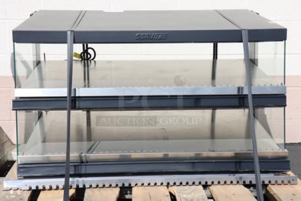 BRAND NEW ServIt OAM-121D 42" slanted 2-shelf countertop heated display merchandiser, 1860W, 120V, out of packaging.