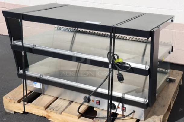 Brand new ServIt OAM-121D 42" 2-shelf heated display merchandiser, 1860W, 120V, slanted, countertop model, unboxed.