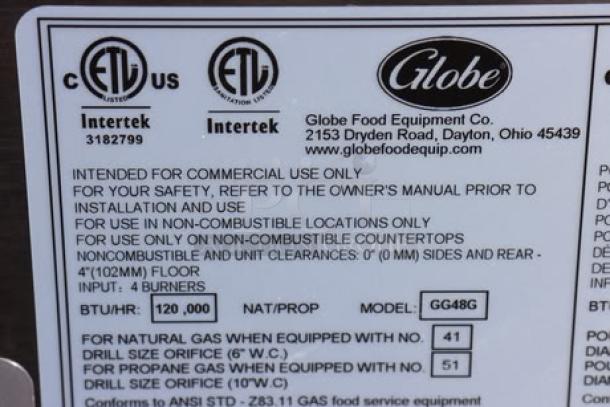 BRAND NEW Globe GG48G 48" Gas Griddle, 120,000 BTU, missing knob, minor scratches, original packaging destroyed.