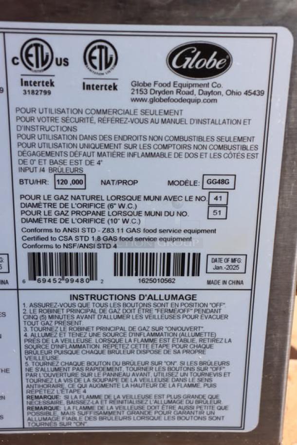 BRAND NEW Globe GG48G 48" Countertop Gas Griddle, 120,000 BTU, S/N: 1625010562. Missing knob, minor scratches/dents.