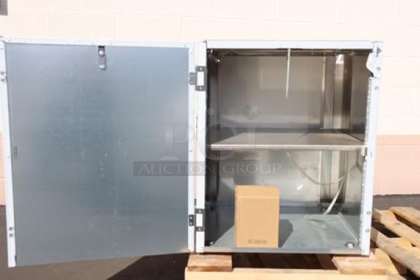 BRAND NEW Scotsman HST21-A stainless steel ice dispenser stand with door, dented back left corner, S/N: 24101320015293.