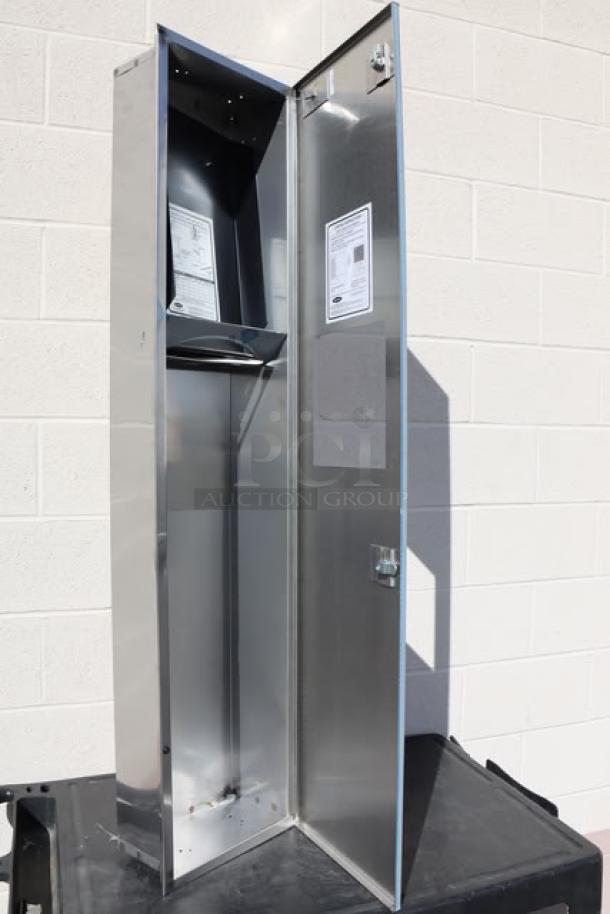 Brand new Bobrick B-3803 TrimLineSeries recessed paper towel dispenser and trash can; missing keys and plastic trash can.