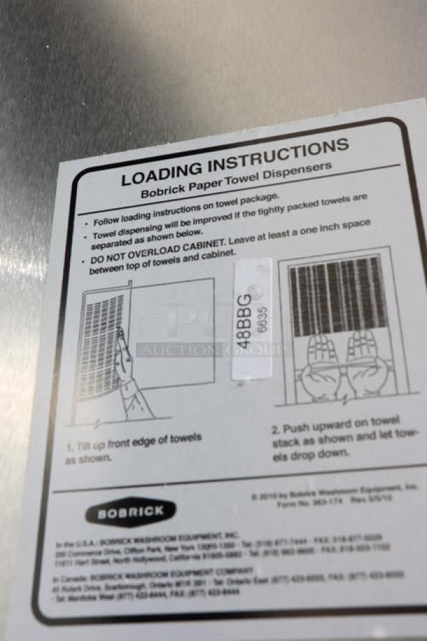Bobrick B-3803 TrimLineSeries paper towel dispenser instructions label, showing towel loading steps.