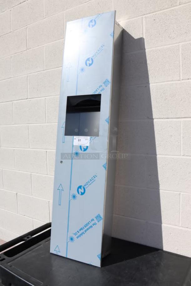 BRAND NEW Bobrick B-3803 TrimLineSeries recessed paper towel dispenser/trash can. Missing keys and plastic trash can.