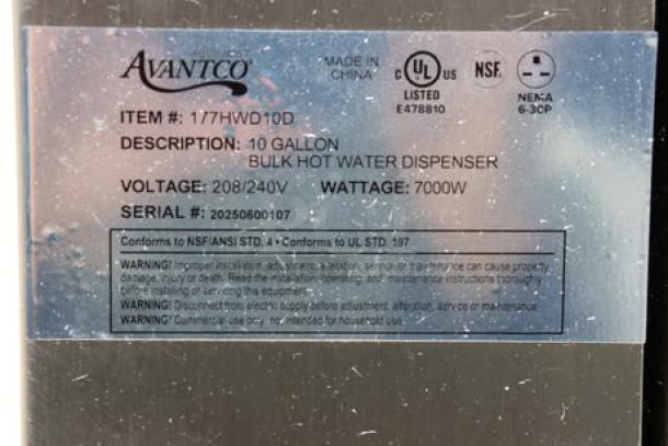 Avantco HWD10D 10 Gallon Hot Water Dispenser, 208/240V, 7,000W. Serial: 20250600107. Minor scratches/dents, out of packaging.