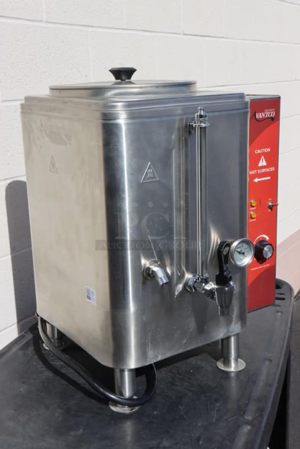 Avantco HWD10D 10 Gallon Hot Water Dispenser, stainless steel, minor scratches, caution label, model marked on unit.
