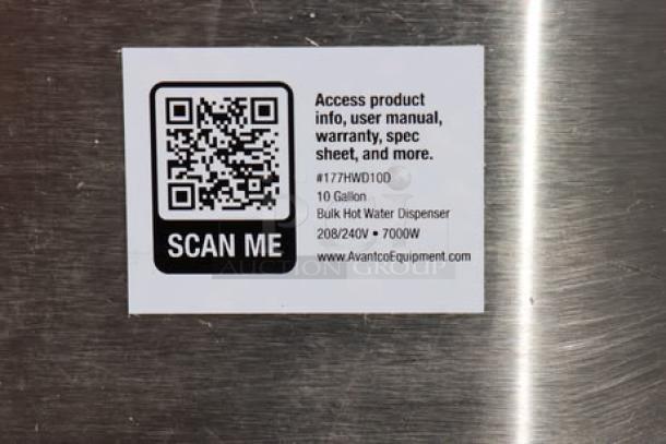 Avantco HWD10D 10 Gallon Hot Water Dispenser, 208/240V, 7,000W, minor scratches, label with QR code for info.