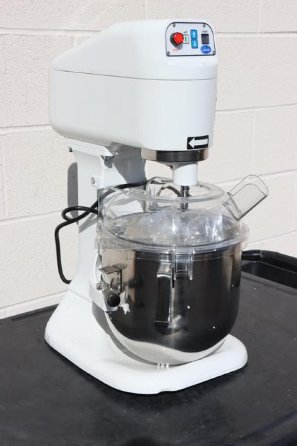 Brand new Globe SP08 8 Qt. Bowl Lift Countertop Mixer with guard, 575 Watts, 1/4 hp, showing control panel and stainless steel bowl.