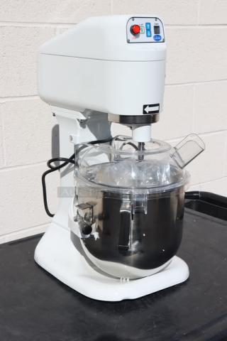 Brand new Globe SP08 8 Qt. Bowl Lift Countertop Mixer with guard, 575 Watts, 1/4 hp, showing control panel and stainless steel bowl.
