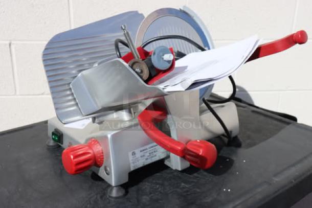 Berkel B10-SLC 10" manual meat slicer, light-duty, gravity feed, 1/4 hp motor, 115 volts, new scratch-n-dent condition.