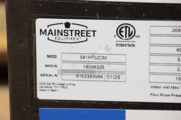 MainStreet Equipment HTUC High-Temp Undercounter Dishwasher label, model 541HTUC30, S/N 8103393986, 208V/240V, 1 Phase.