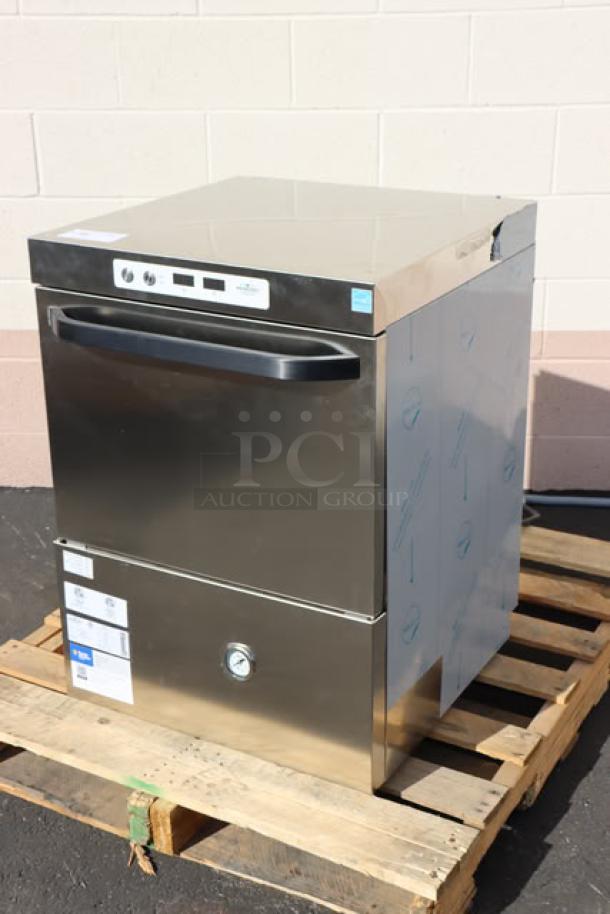 Alt text: MainStreet Equipment HTUC high-temperature undercounter dishwasher, 208V/240V, 1 Phase, slight scratches and dents visible.