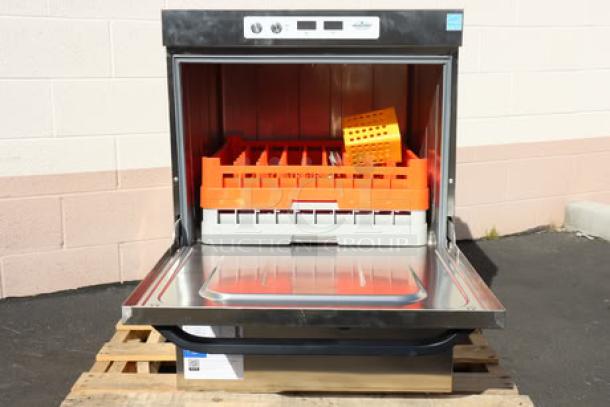 Brand new MainStreet Equipment HTUC high-temperature undercounter dishwasher, 208V/240V, with minor scuffs, S/N: 8103393986.