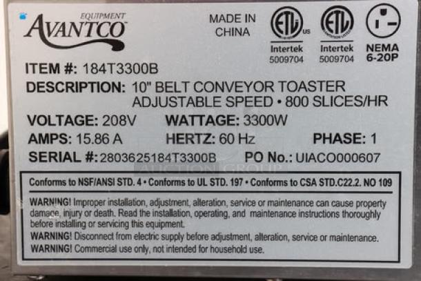 Brand new Avantco T3300B commercial conveyor toaster, 10" wide, 3" opening, 208V, 3300W, 800 slices/hr, serial 2803625184T3300B.