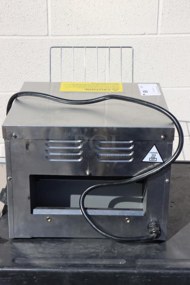 Brand new Avantco T3300B conveyor toaster, 10" wide, 3" opening, scratch-n-dent condition, 208V, 3300W, serial #2803625184T3300B.