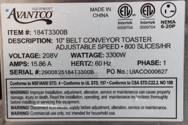 Avantco T3300B Conveyor Toaster label; 208V, 3300W, 800 slices/hr. Model T3300B, Serial 2900825184T3300B. Safety warnings included.