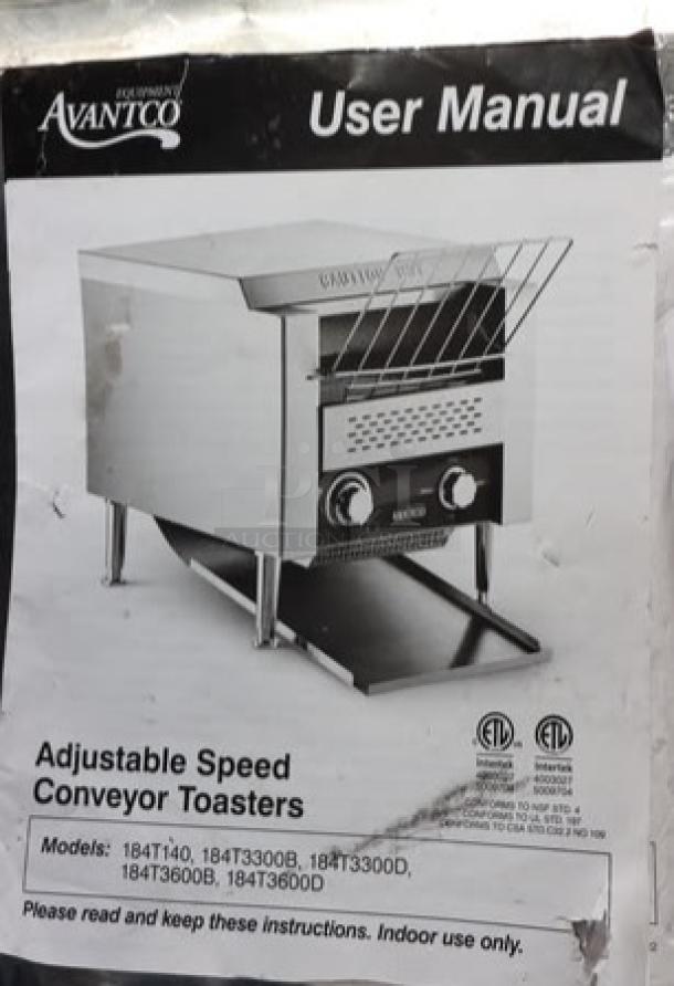 BRAND NEW Avantco T3300B Commercial Conveyor Toaster, 10" wide, 3" opening, 208V, 3300W, 800 slices/hr, serial #2900825184T3300B.