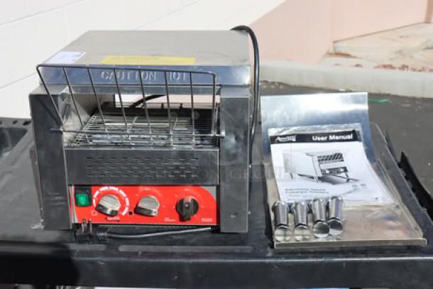 Brand new Avantco T3300B commercial conveyor toaster, 10" wide, 3" opening, 3300W, 800 slices/hour; includes user manual.