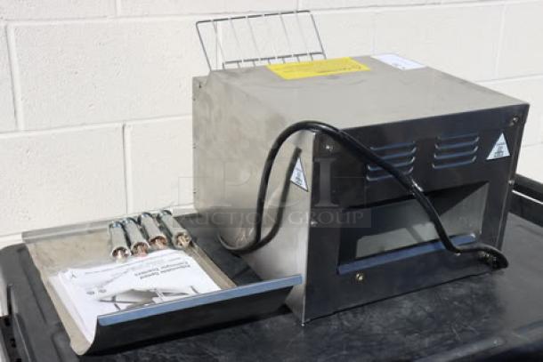 Avantco T3300B conveyor toaster, 10" wide, 3" opening, 208V, 3300W, 800 slices/hour. Brand new, visible instructions, and spare parts.