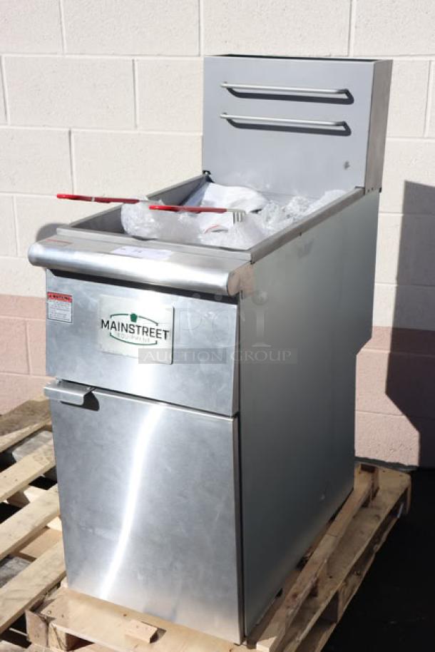 Brand new MainStreet Equipment stainless steel floor fryer, model 541FF40L, liquid propane, 40 lb. capacity, 90,000 BTU.