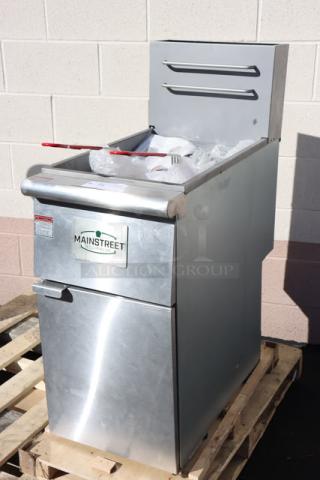 Brand new MainStreet Equipment stainless steel floor fryer, model 541FF40L, liquid propane, 40 lb. capacity, 90,000 BTU.