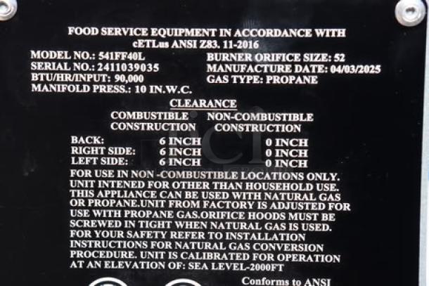 MainStreet Equipment Floor Fryer, Model 541FF40L, 90,000 BTU, stainless steel, for liquid propane, S/N 2411039035.