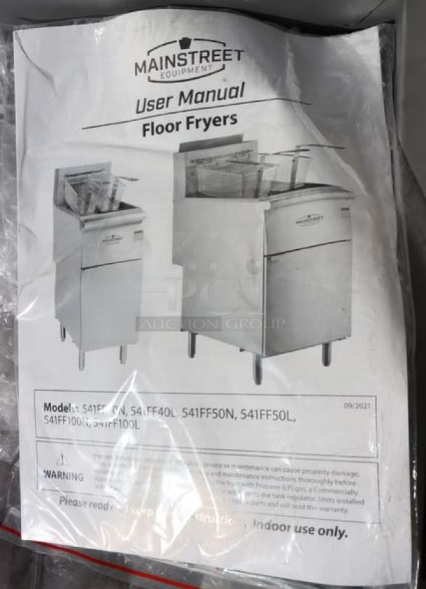 Brand new MainStreet Equipment 40 lb. stainless steel floor fryer. Model 541FF40L, liquid propane, 90,000 BTU. Manual shown.