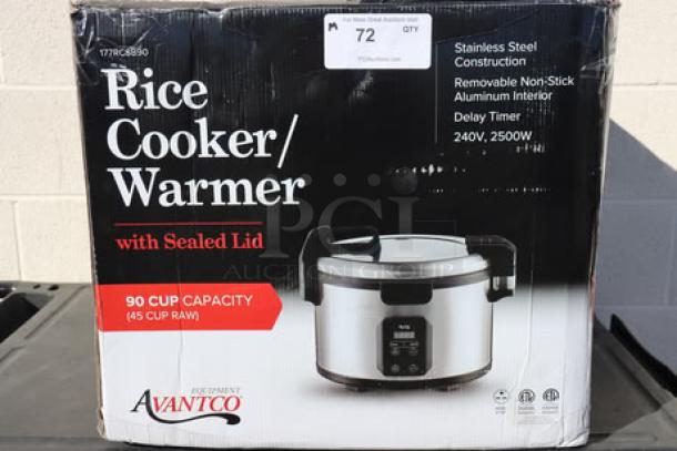 Brand new Avantco RCSB90 electric rice cooker/warmer, 90 cup capacity, stainless steel, digital controls, 240V, 2500W.