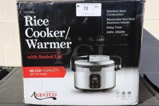 Brand new Avantco RCSB90 electric rice cooker/warmer, 90 cup capacity, stainless steel, digital controls, 240V, 2500W.