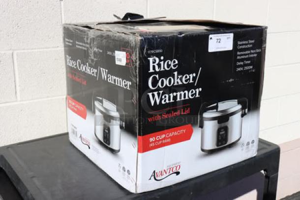 Brand new Avantco RCSB90 digital rice cooker, 90 cup capacity, in original box. Hinged lid, 240V, 2,500W.