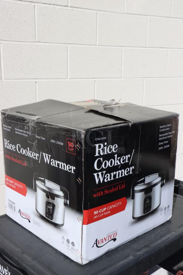 Brand new Avantco RCSB90 90 Cup Digital Electric Rice Cooker/Warmer, in sealed box. Model RCSB90, 240V, 2,500W.
