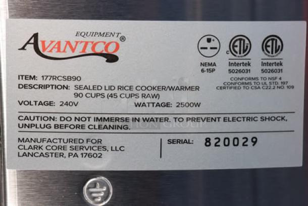 Brand new Avantco RCSB90 electric rice cooker/warmer, 90-cup capacity, 240V, 2,500W, model label showing S/N: 820029.