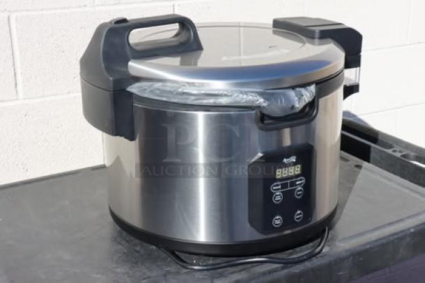 Brand new Avantco RCSB90 digital electric rice cooker, 90 cup capacity, stainless steel finish, hinged lid, digital display.