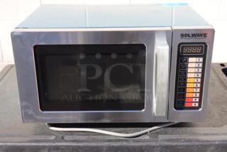 Brand new Solwave EM025FJT-S0SA00 stainless steel commercial microwave with push-button controls, 1,000 watts, 120V.