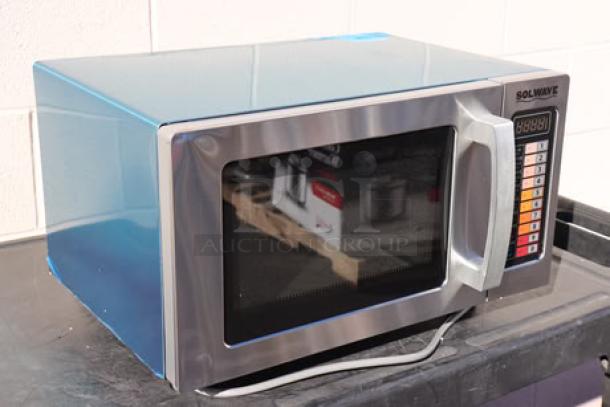 Brand new Solwave EM025FJT-S0SA00 stainless steel commercial microwave, push button controls, 1000W, 120V, S/N: 250803637.