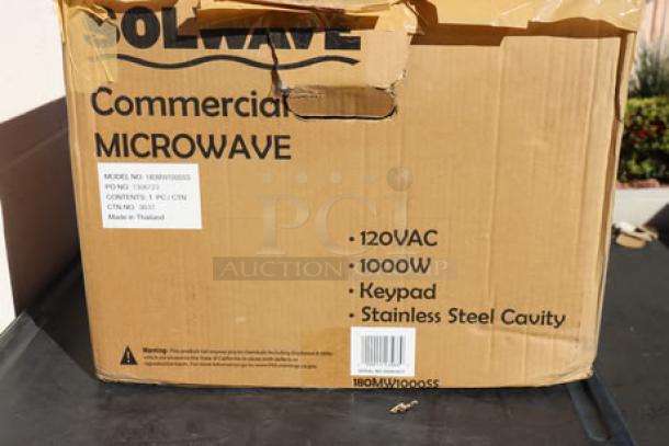 Brand new Solwave EM025FJT-S0SA00 commercial microwave in box, 1000W, stainless steel, keypad controls, 120V, S/N: 250803637.