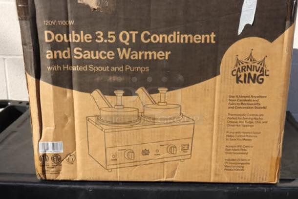 Carnival King HSPW35DBL Double 3.5 Qt. Warmer with Heated Spouts and Pumps, model details on box, 120V, 1100W.