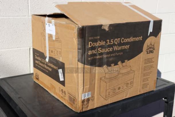 Carnival King HSPW35DBL Double 3.5 Qt. Warmer, boxed, model and serial numbers visible. Box shows wear.