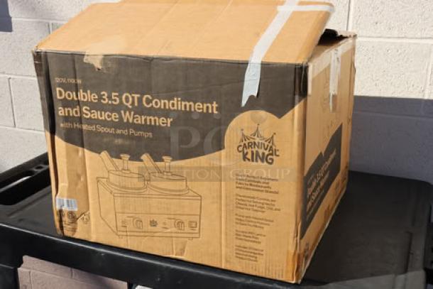 Carnival King HSPW35DBL Double 3.5 Qt. Warmer with Heated Spouts. New in box, 120V, 1100W, S/N: HSPW35DBL25020011.