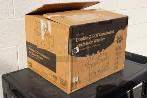 Carnival King HSPW35DBL Double 3.5 Qt. Warmer in unopened box; features heated spouts and pumps, model HSPW35DBL, 120V, 1100W.