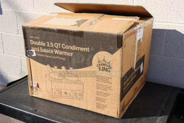 Carnival King HSPW35DBL Double 3.5 Qt. Warmer box, new condition, features heated spouts and pumps, 120V, 1100W.