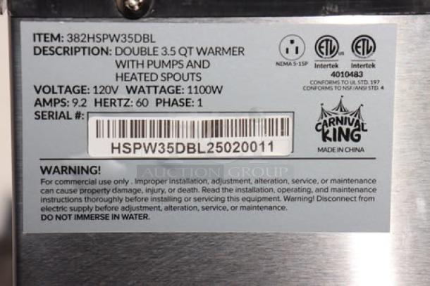 Carnival King HSPW35DBL double 3.5 qt. warmer, 120V, 1100W, serial HSPW35DBL25020011, with heated spouts and pumps.