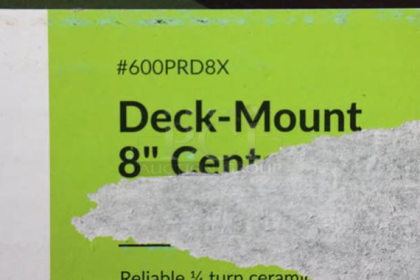 Brand new Regency 600PRD8 1.15 GPM deck-mounted pre-rinse faucet, single base, 8" add-on, damaged packaging, #600PRD8X visible.